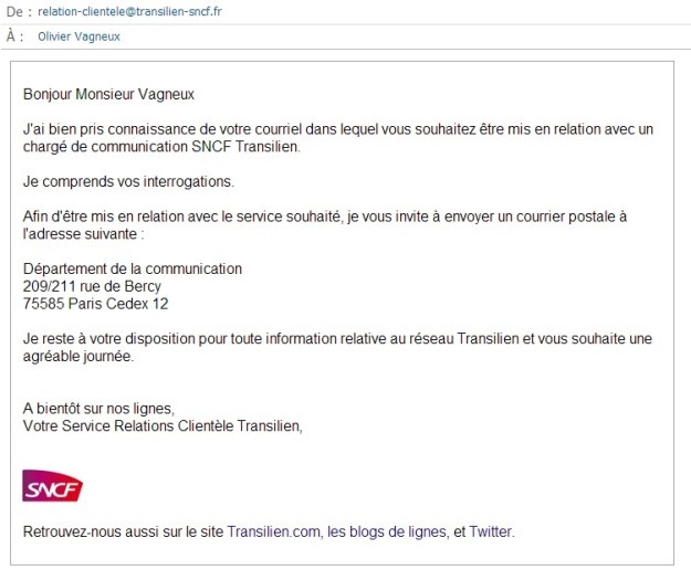 Réponse anonymisée de la SNCF