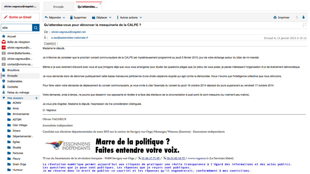 Capture d'écran d'un mail envoyé à Eva SAS ce mardi 13 janvier 2015 à 15 h 15.