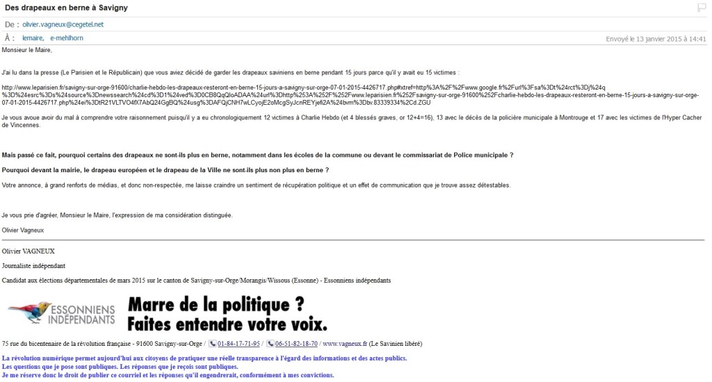 Capture d'écran de mon courriel envoyé à Éric MEHLHORN