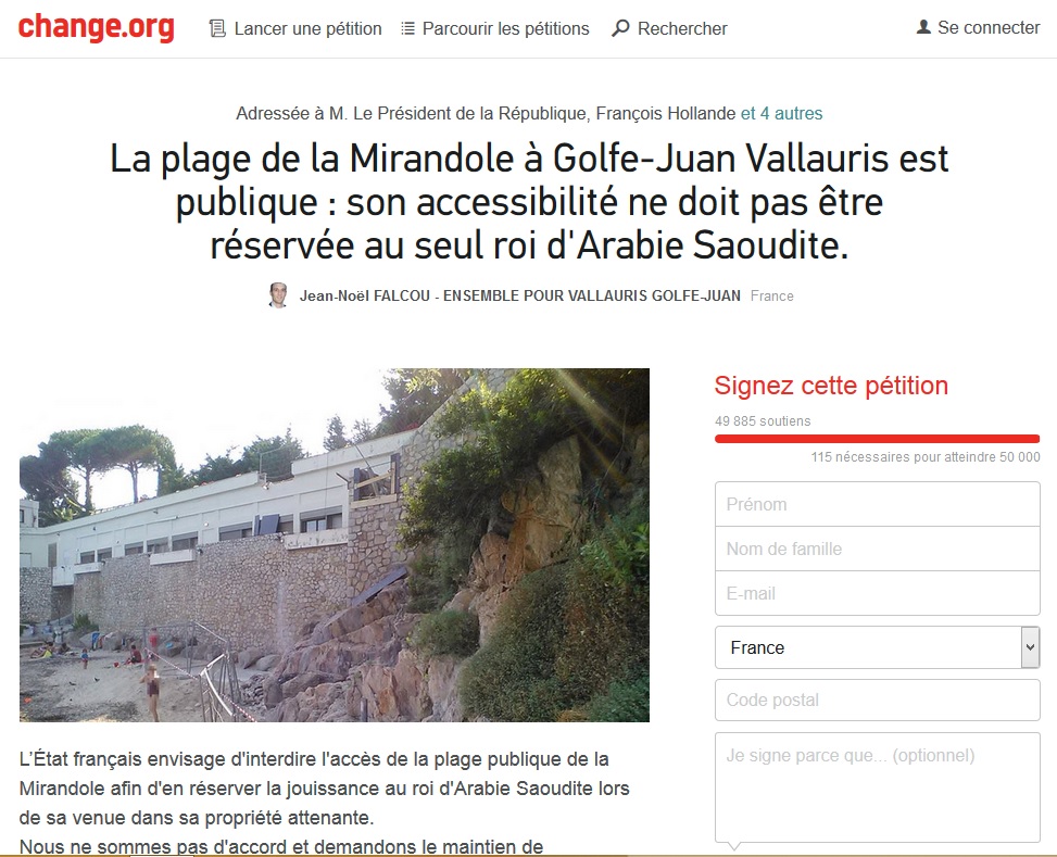 Pétition pour refuser la privatisation d&rsquo;une plage publique (Vallauris-Golfe-Juan)