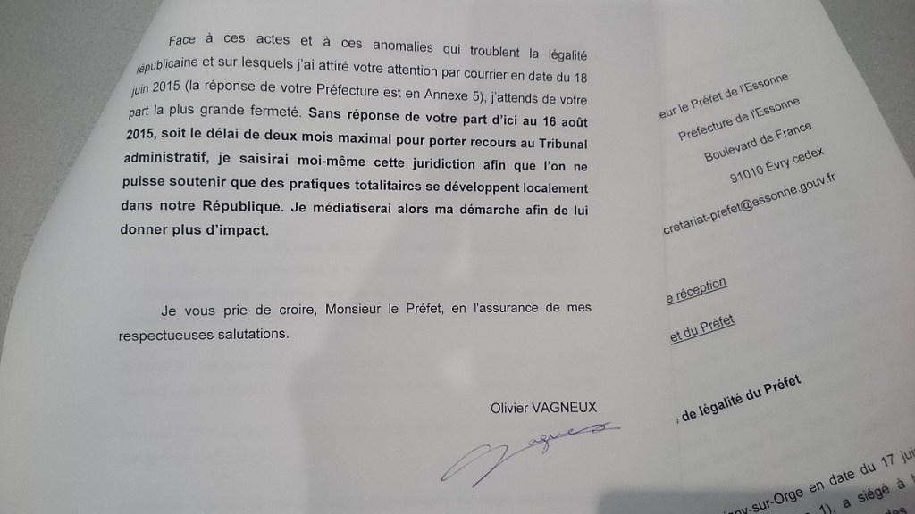 J&rsquo;ai officiellement saisi le Préfet pour un contrôle de légalité (délibérations du 17 juin 2015 à Savigny-sur-Orge)