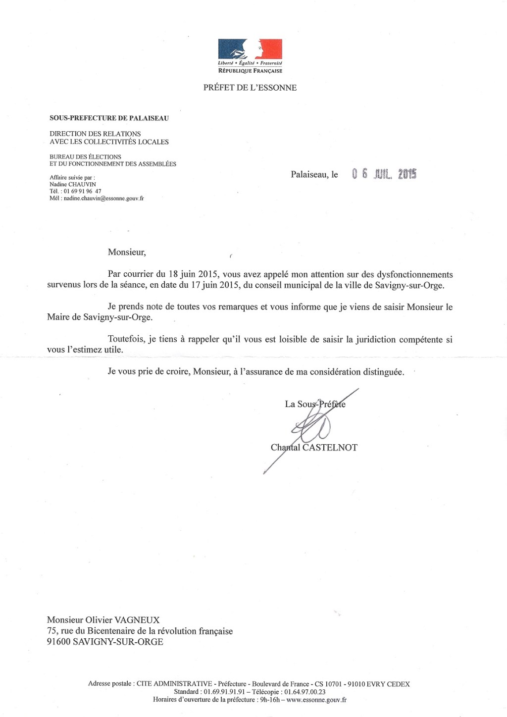 Délibérations de juin 2015 : le sous-Préfet de Palaiseau (Essonne) a saisi Éric MEHLHORN, Maire de Savigny-sur-Orge