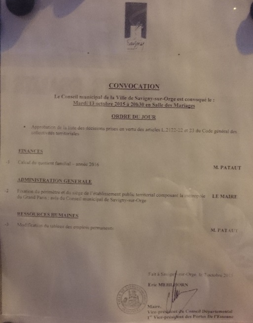 Conseil municipal de Savigny-sur-Orge le 13 octobre 2015 à 20 h&nbsp;30