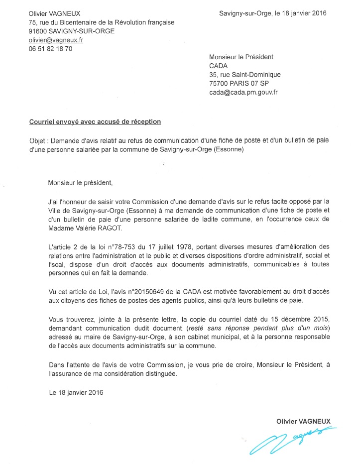 Encore une saisine de la CADA à Savigny-sur-Orge : l&rsquo;affaire Valérie&nbsp;RAGOT