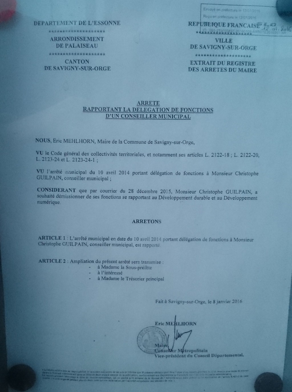 Christophe GUILPAIN (MODEM) a rendu sa délégation de Conseiller municipal à Savigny-sur-Orge