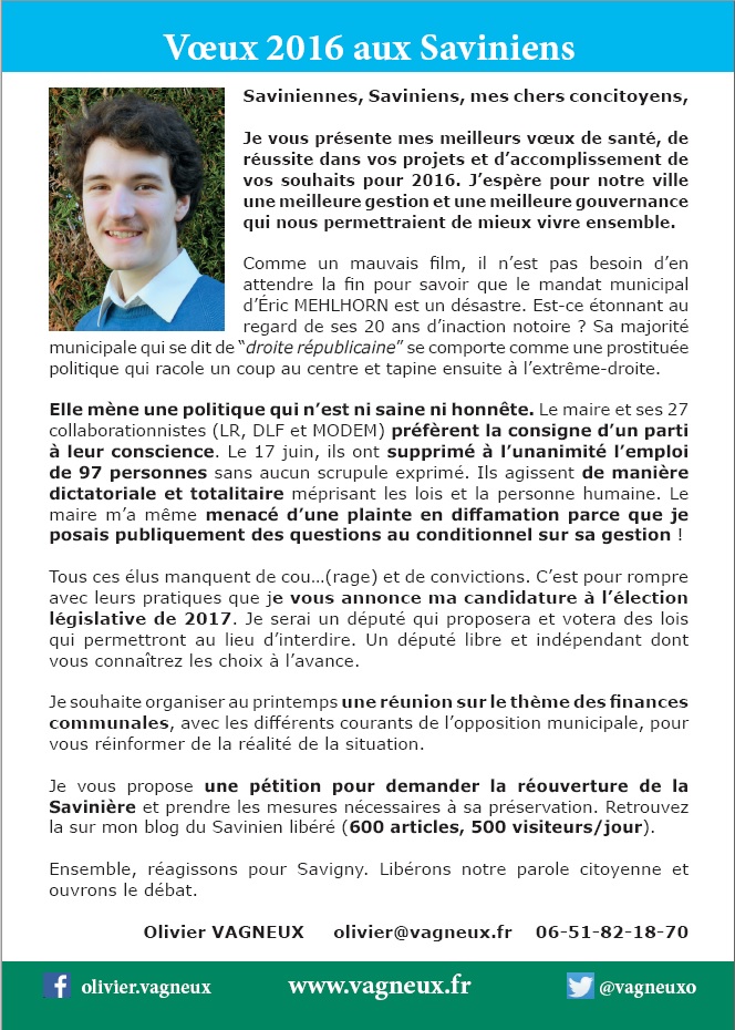 Mes vœux 2016 pour les&nbsp;Saviniens