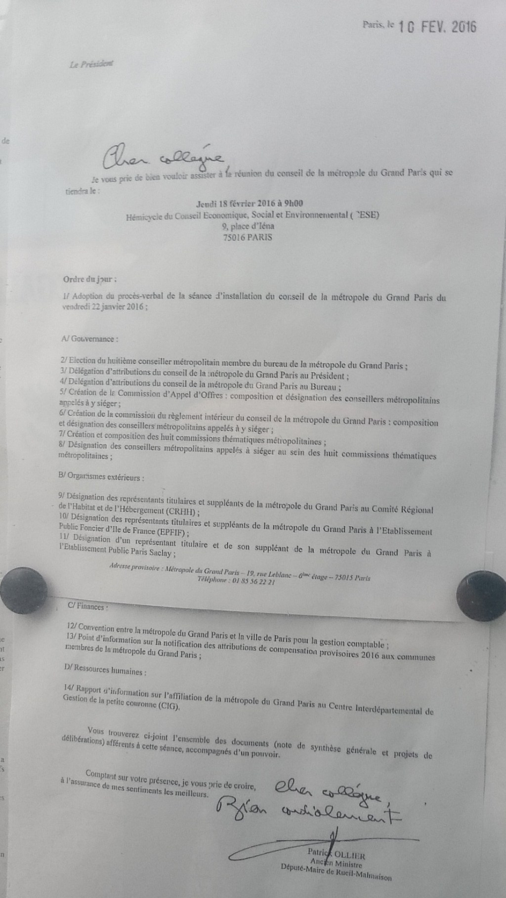 Conseil métropolitain le 18 février 2016 à 09 h&nbsp;00