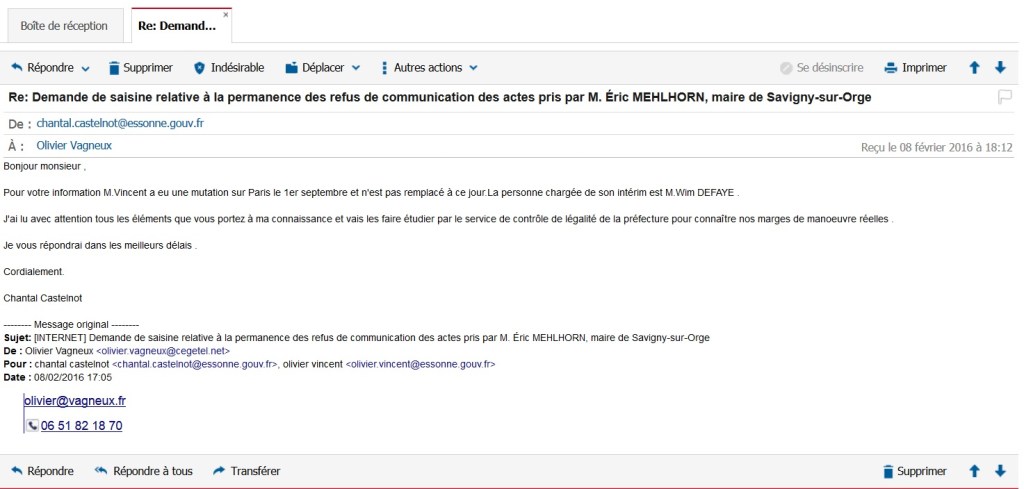 Savigny-sur-Orge : le sous-Préfet accuse réception (courrier du&nbsp;08/02/16)