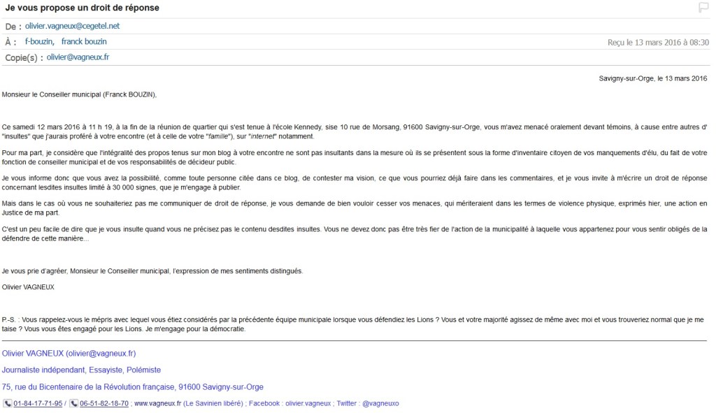 Olivier VAGNEUX : &laquo;&nbsp;Je propose un droit de réponse à M. Franck BOUZIN&nbsp;&raquo;