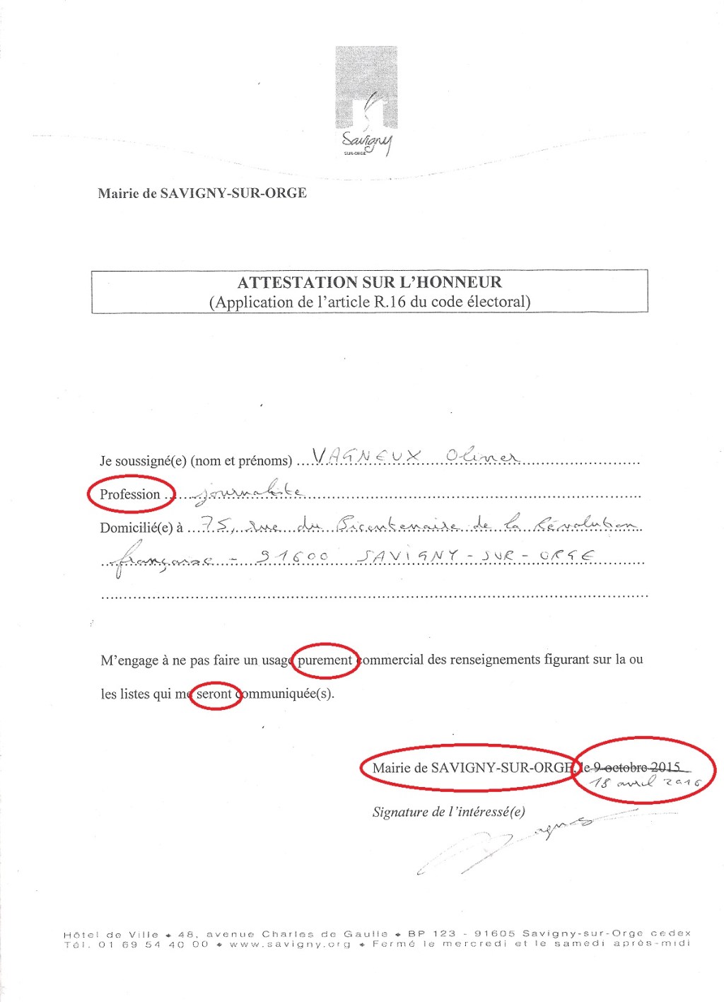J&rsquo;aime le document d&rsquo;attestation sur l&rsquo;honneur de remise des listes électorales de Savigny-sur-Orge