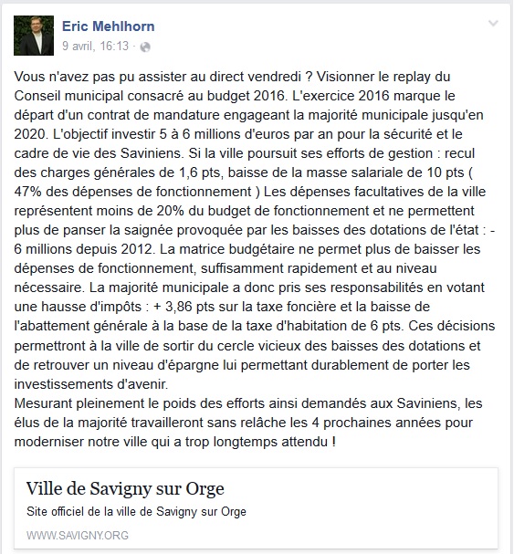 L&rsquo;étrange communication d&rsquo;Éric MEHLHORN sur son budget&nbsp;2016