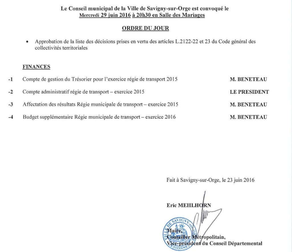 Pourquoi un Conseil municipal à Savigny-sur-Orge ce 29 juin 2016&nbsp;?