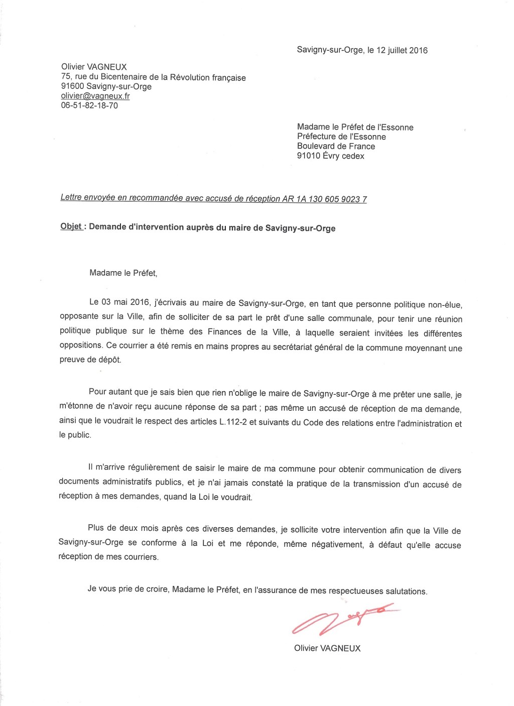 Quand j&rsquo;écris au Préfet pour obtenir une réponse à ma demande de salle municipale à&nbsp;Savigny