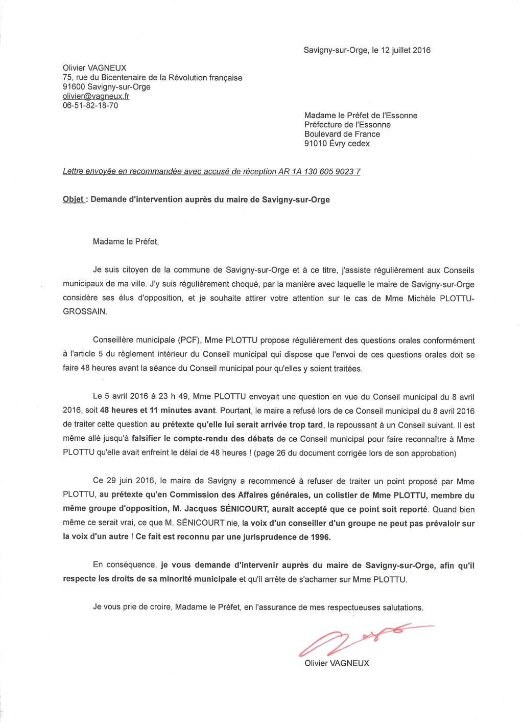 Quand j&rsquo;écris au Préfet pour défendre Michèle PLOTTU&nbsp;(PCF)