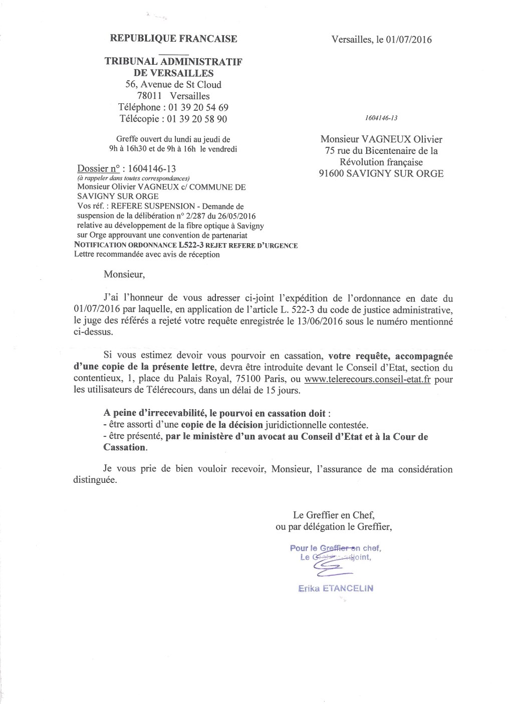 Fibre optique de Savigny-sur-Orge : le Tribunal rejette mon référé&nbsp;suspension