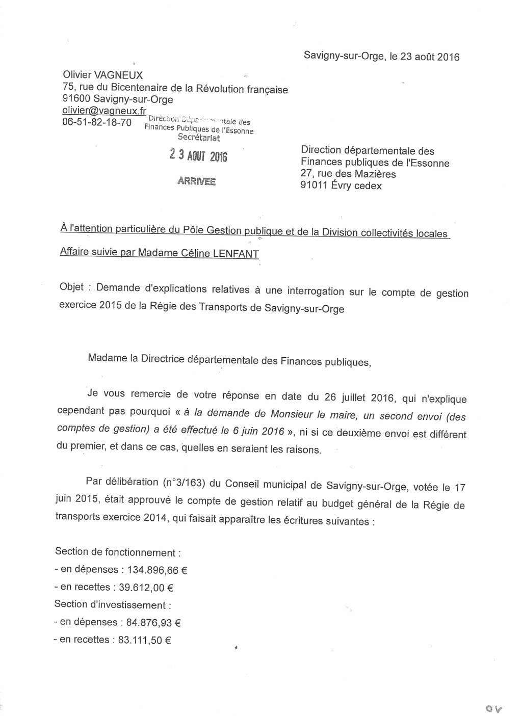 Compte de gestion 2016 de Savigny-sur-Orge : Un nouveau courrier pour la&nbsp;DDFIP