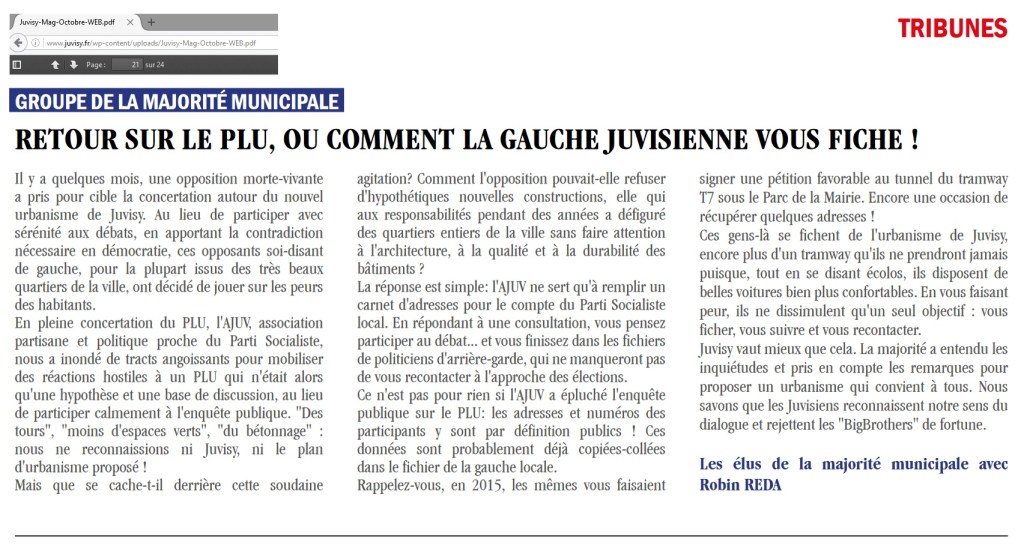 Juvisy : la majorité municipale avec Robin RÉDA se fiche la honte en diffamant l&rsquo;opposition