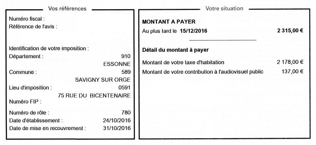 Ma taxe d&rsquo;habitation 2016 à Savigny-sur-Orge