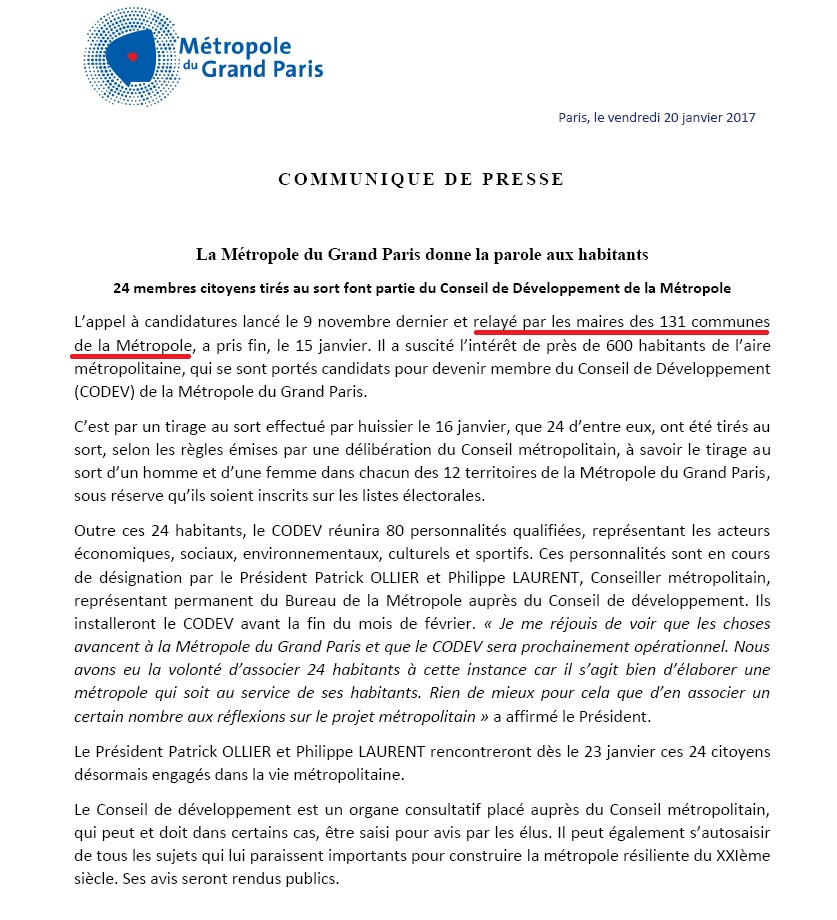 Non, l&rsquo;appel à candidatures pour le Conseil de développement de la Métropole du Grand Paris n&rsquo;a pas été relayé par Éric&nbsp;MEHLHORN