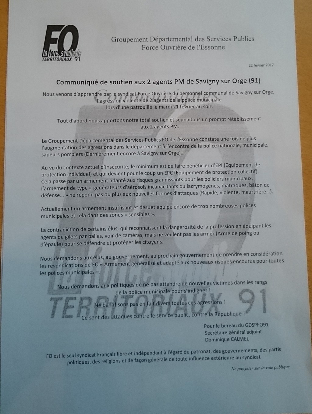 L&rsquo;étrange soutien de Force ouvrière à la Police municipale de Savigny-sur-Orge
