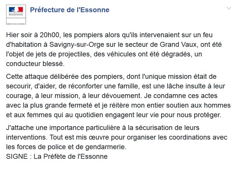 Hypocrisie des réactions suite au caillassage des pompiers à Grand-Vaux : j&rsquo;interpelle la&nbsp;Préfète