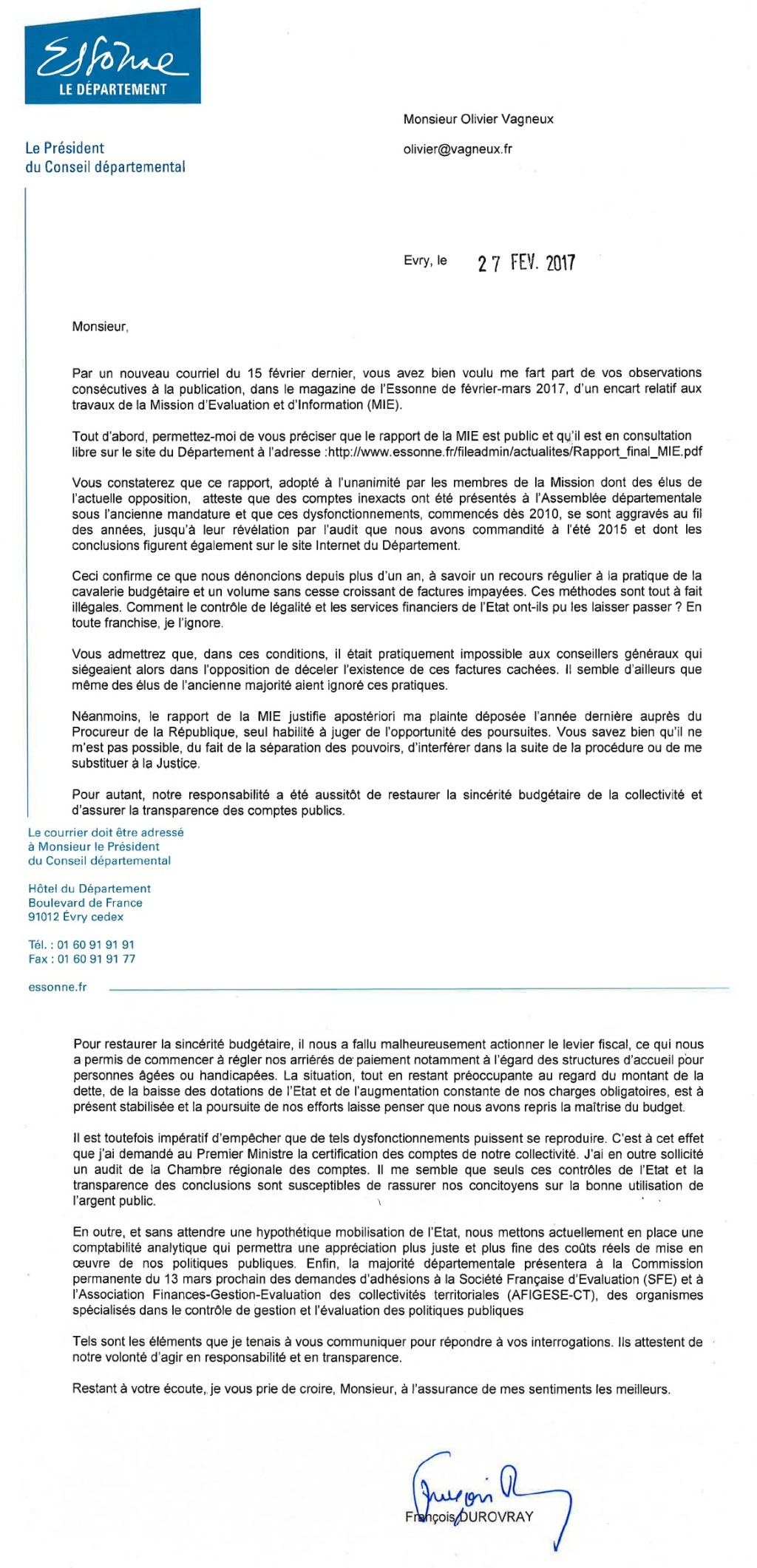 La réponse de François DUROVRAY à mon interpellation sur les factures&nbsp;impayées