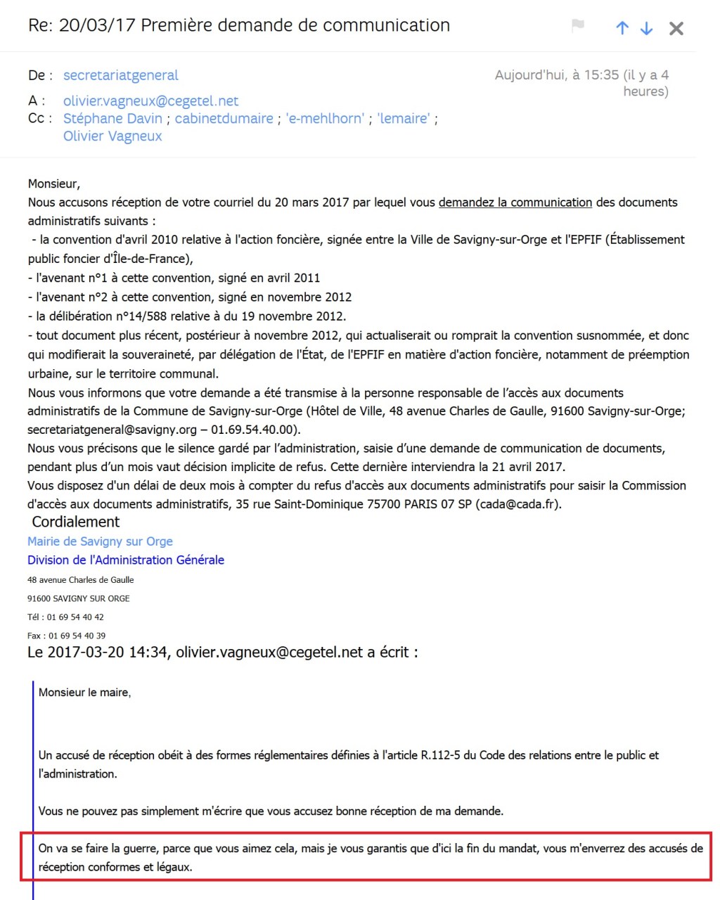 Miracle : la Ville de Savigny-sur-Orge accuse enfin réception de mes demandes&nbsp;!