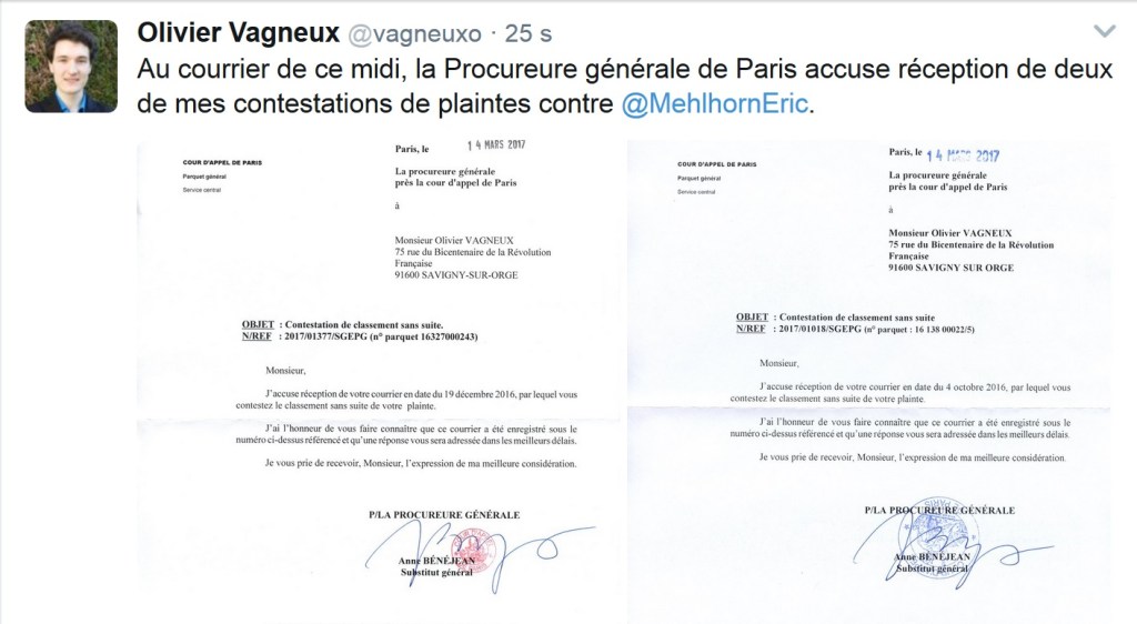 La Procureure générale accuse réception de deux de mes contestations de plainte contre Éric&nbsp;MEHLHORN