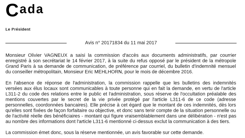 La CADA reconnaît la communicabilité des bulletins d&rsquo;indemnités mensuels des&nbsp;élus