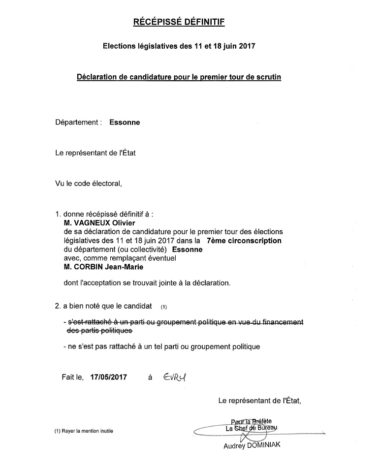 Olivier VAGNEUX officiellement candidat aux élections législatives de&nbsp;2017