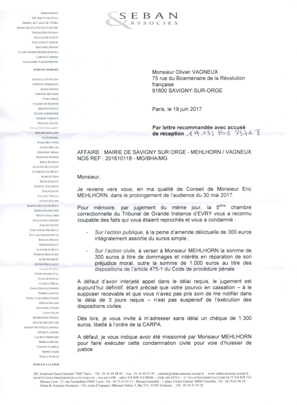 Au courrier du jour, le bon souvenir du cabinet&nbsp;SEBAN