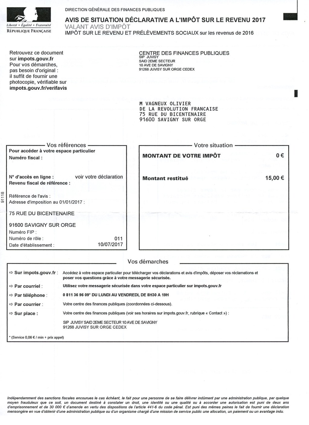 Transparence : l&rsquo;impôt sur le revenu d&rsquo;Olivier VAGNEUX en&nbsp;2017