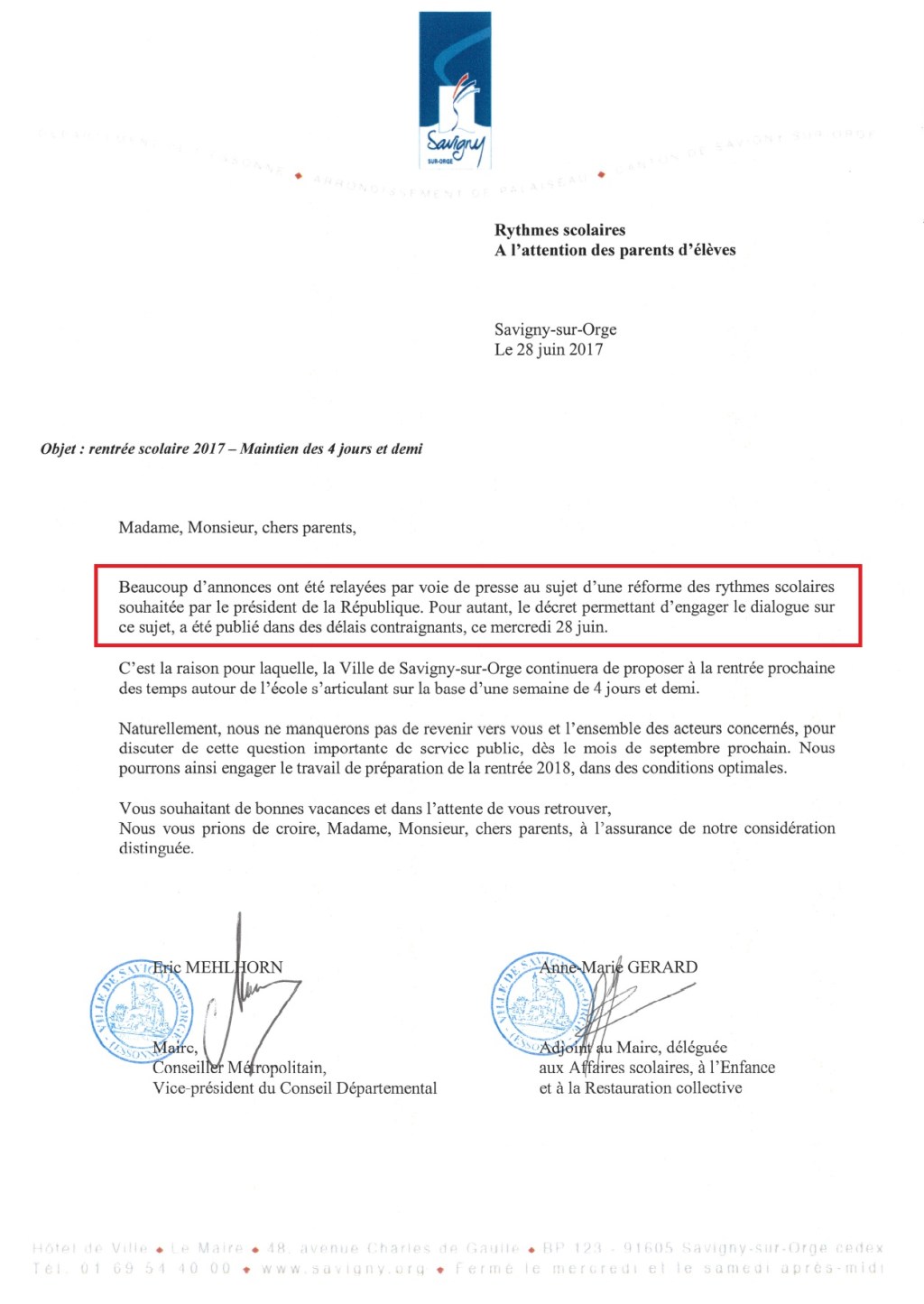 Éric MEHLHORN et les rythmes scolaires à Savigny-sur-Orge en&nbsp;2017-2018