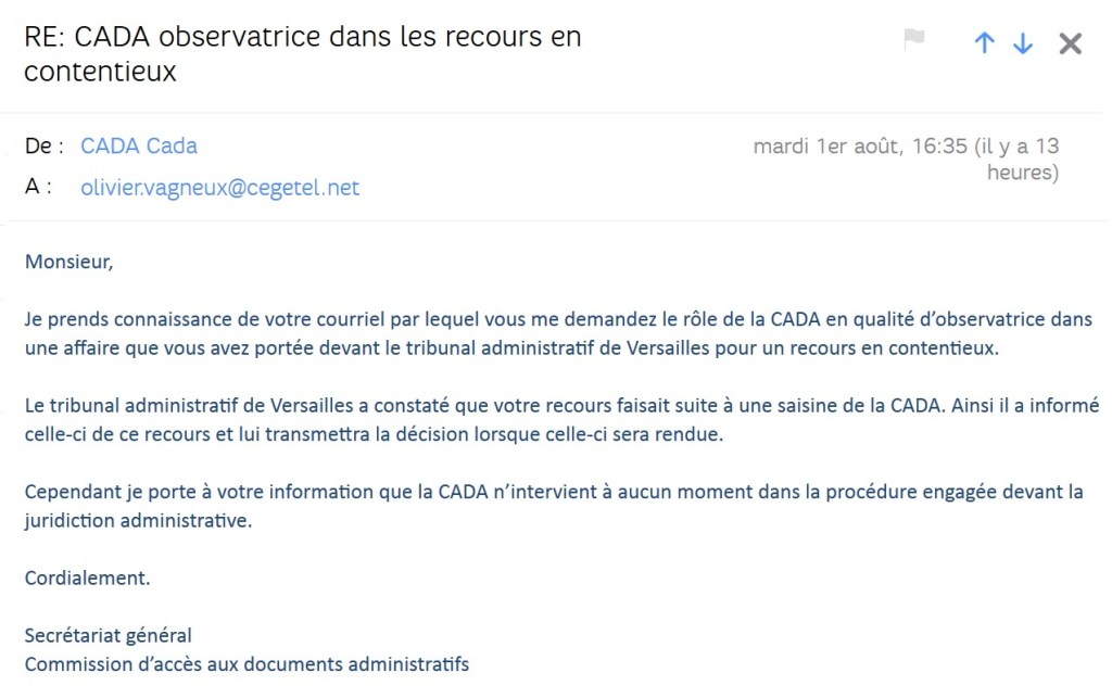 La CADA n&rsquo;intervient pas devant la juridiction administrative&nbsp;!