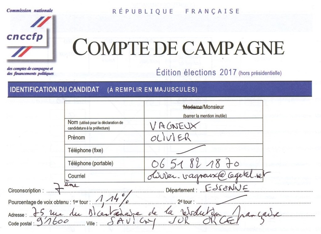 Transparence : les comptes de campagne 2017 d&rsquo;Olivier VAGNEUX aux&nbsp;législatives