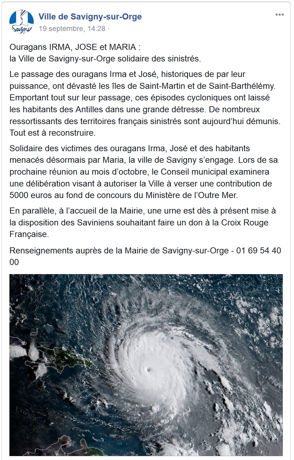 Sur le soutien de la Ville de Savigny aux victimes des ouragans de l&rsquo;été&nbsp;2017