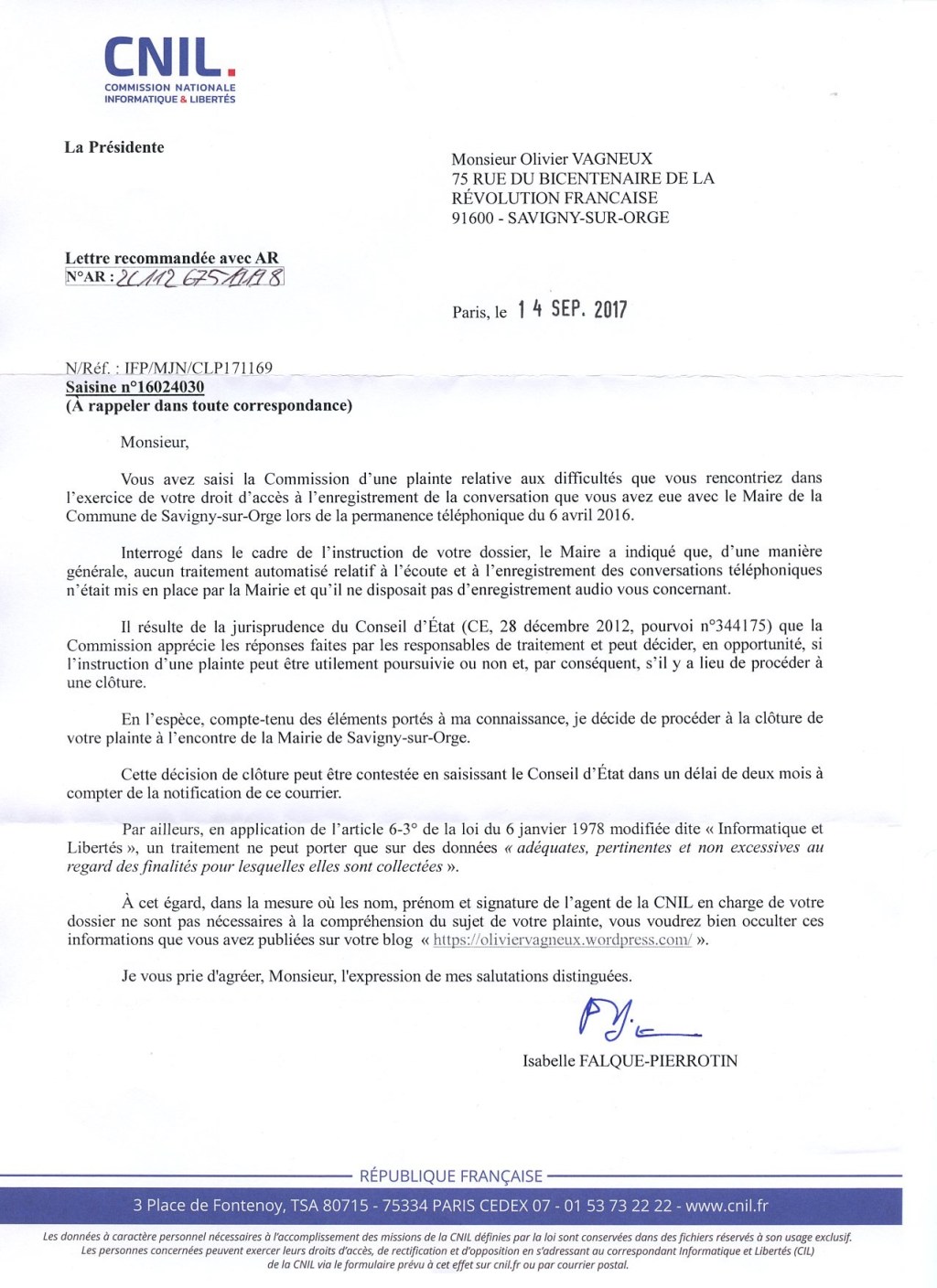 Enregistré par Éric MEHLHORN, la CNIL clôture pourtant ma&nbsp;plainte…