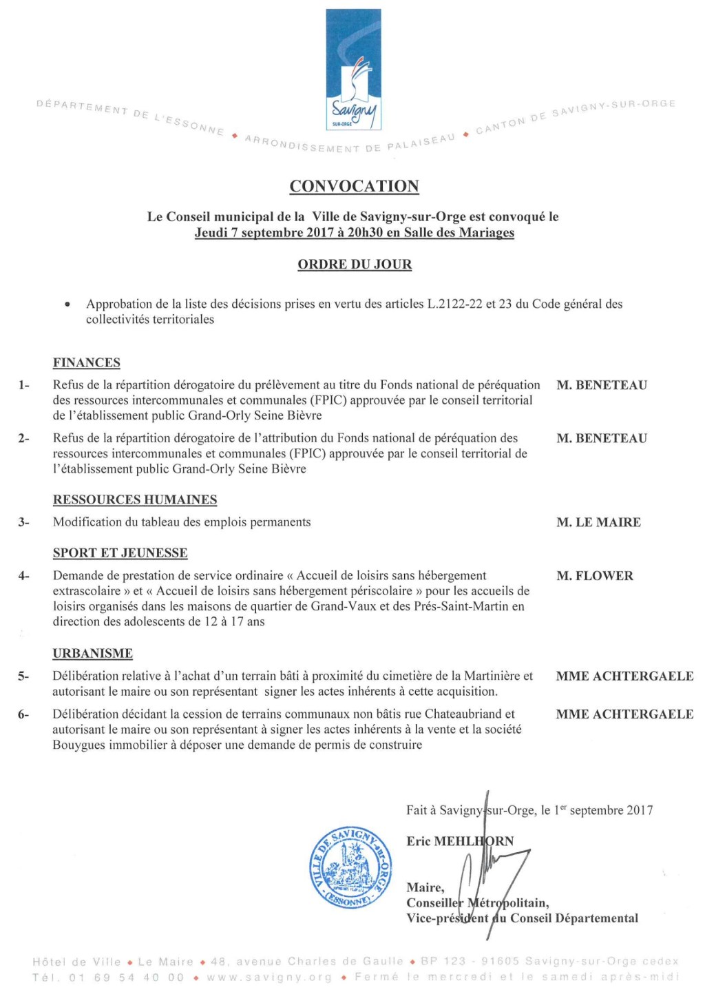 À l&rsquo;ordre du jour du Conseil municipal de Savigny-sur-Orge du 07 septembre&nbsp;2017