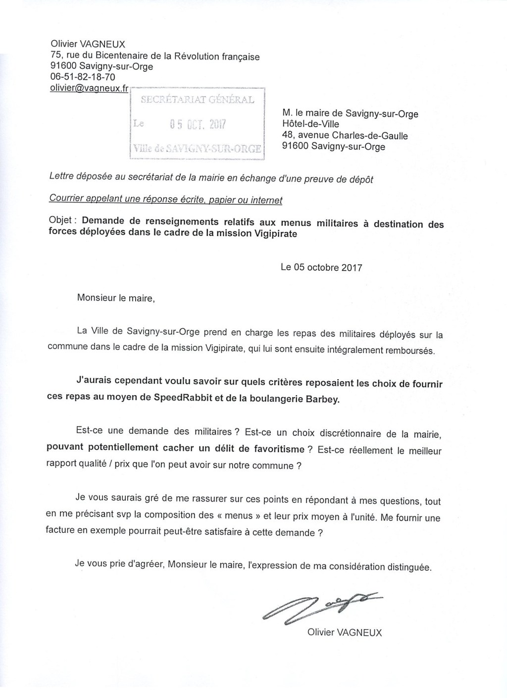 Y a-t-il favoritisme et/ou enrichissement dans la commande des repas des militaires en opération Vigipirate à Savigny-sur-Orge ?