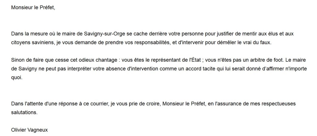 Courrier au Préfet délégué à l&rsquo;égalité des chances (Politique de la Ville à Savigny-sur-Orge)