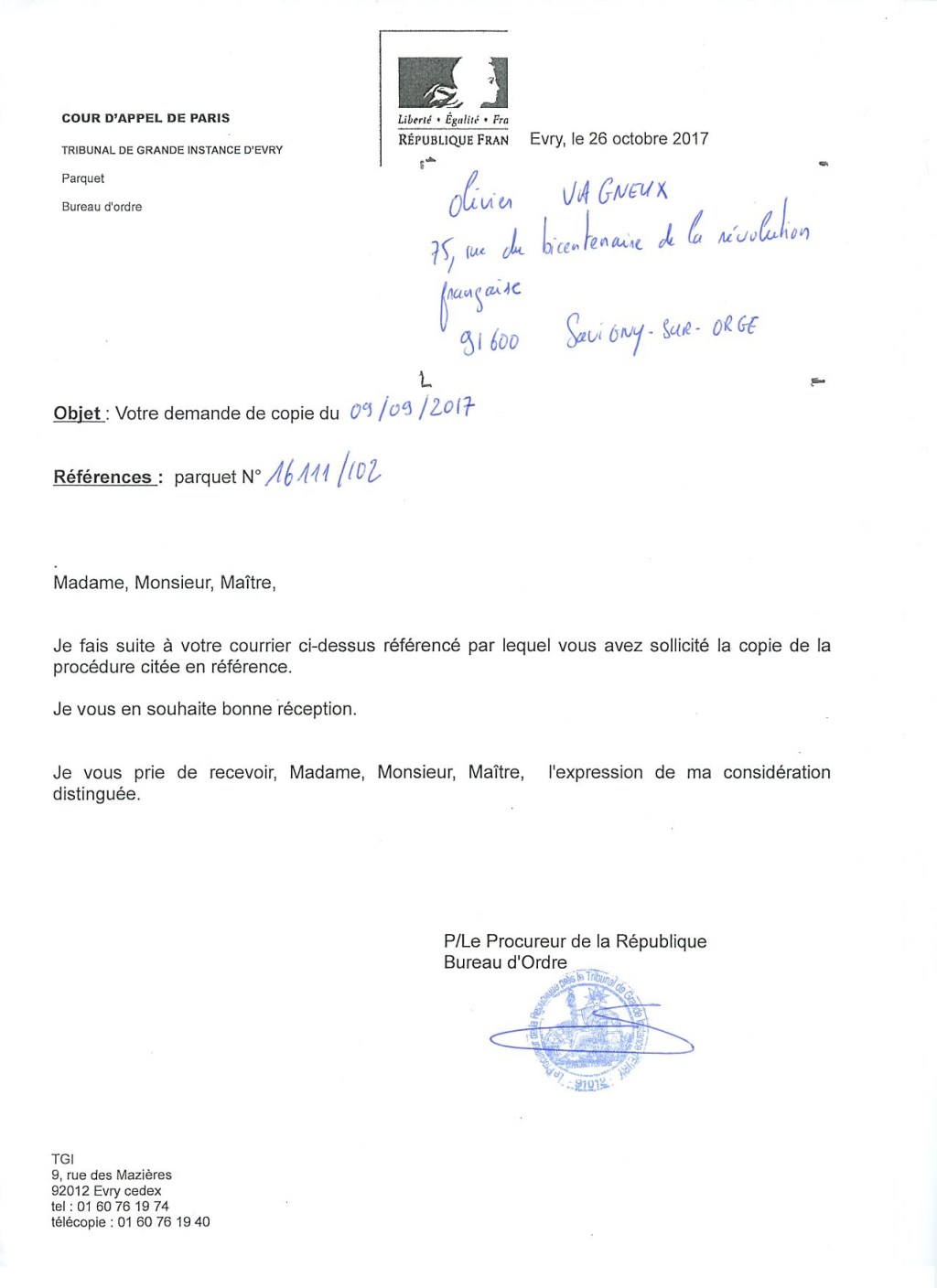 Affaire RAGOT : Le Procureur m&rsquo;a transmis le dossier sans répondre à ma&nbsp;question