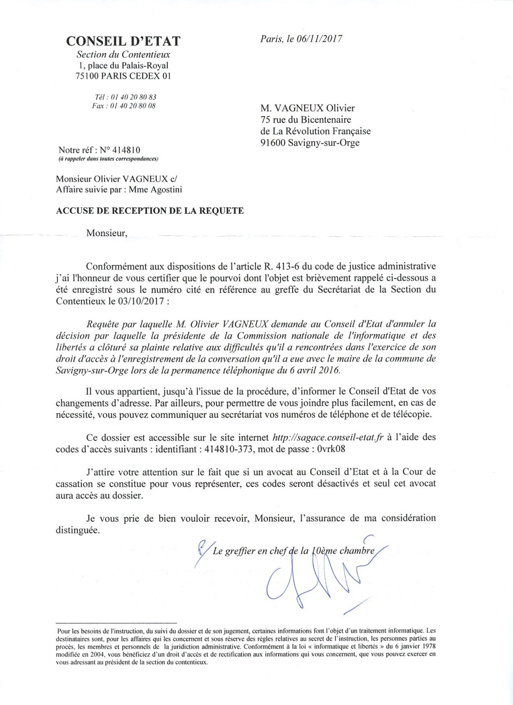 Le Conseil d&rsquo;État accuse réception de ma requête contre la CNIL ; je dépose plainte à la CNIL contre Savigny et le&nbsp;GOSB