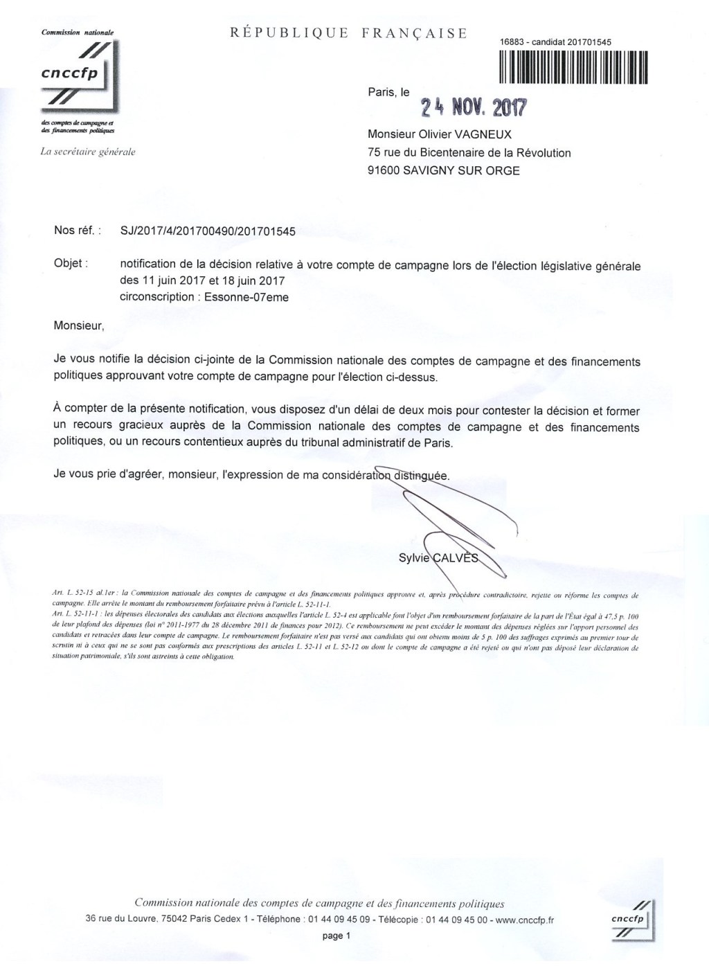Législatives 2017 : mes comptes de campagne entièrement&nbsp;approuvés
