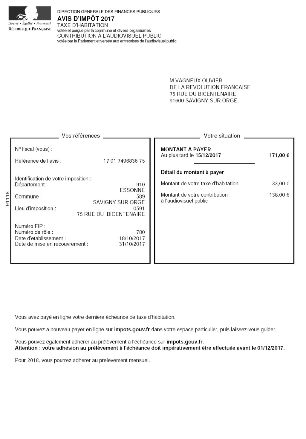 Savigny-sur-Orge ; locataire d&rsquo;un pavillon de 105 m² aux Gâtines ; 5 € de taxe d&rsquo;habitation en 2017 ; – 98,48 % d&rsquo;imposition