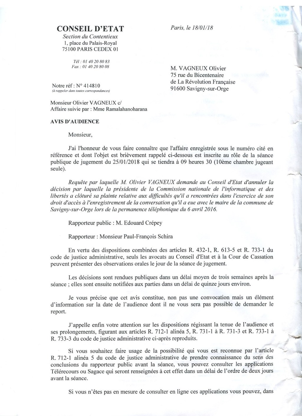 Affaire VAGNEUX c/CNIL : l&rsquo;audience est annoncée au 25 janvier&nbsp;2018