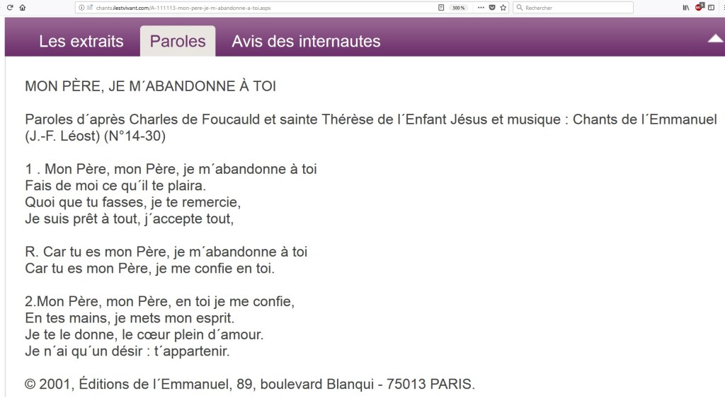 Mon Père, je m&rsquo;abandonne à toi ; un chant d&rsquo;Église déresponsabilisant