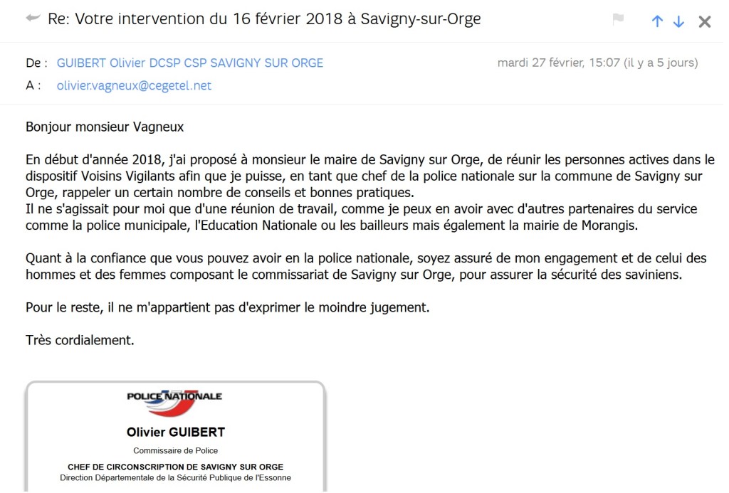 Droit de suite : le commissaire de Police de Savigny-sur-Orge a répondu à notre interpellation du 17 février&nbsp;2018