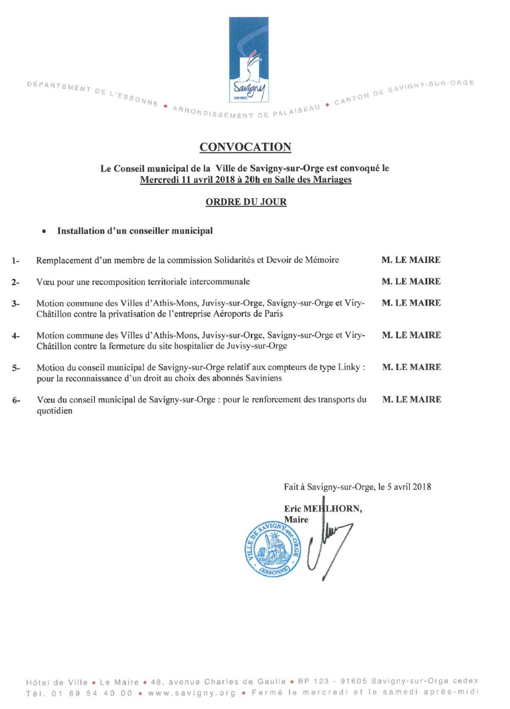 Des enjeux du Conseil municipal de Savigny-sur-Orge du 11 avril&nbsp;2018