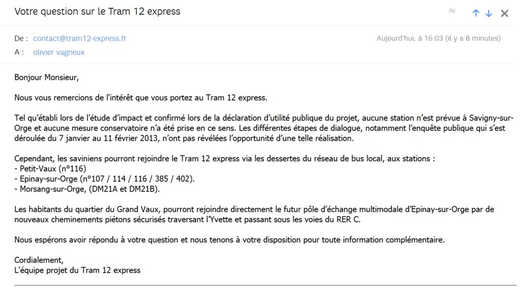Tram 12 express : l&rsquo;équipe projet confirme qu&rsquo;il n&rsquo;y aura pas d&rsquo;arrêt à Savigny-sur-Orge