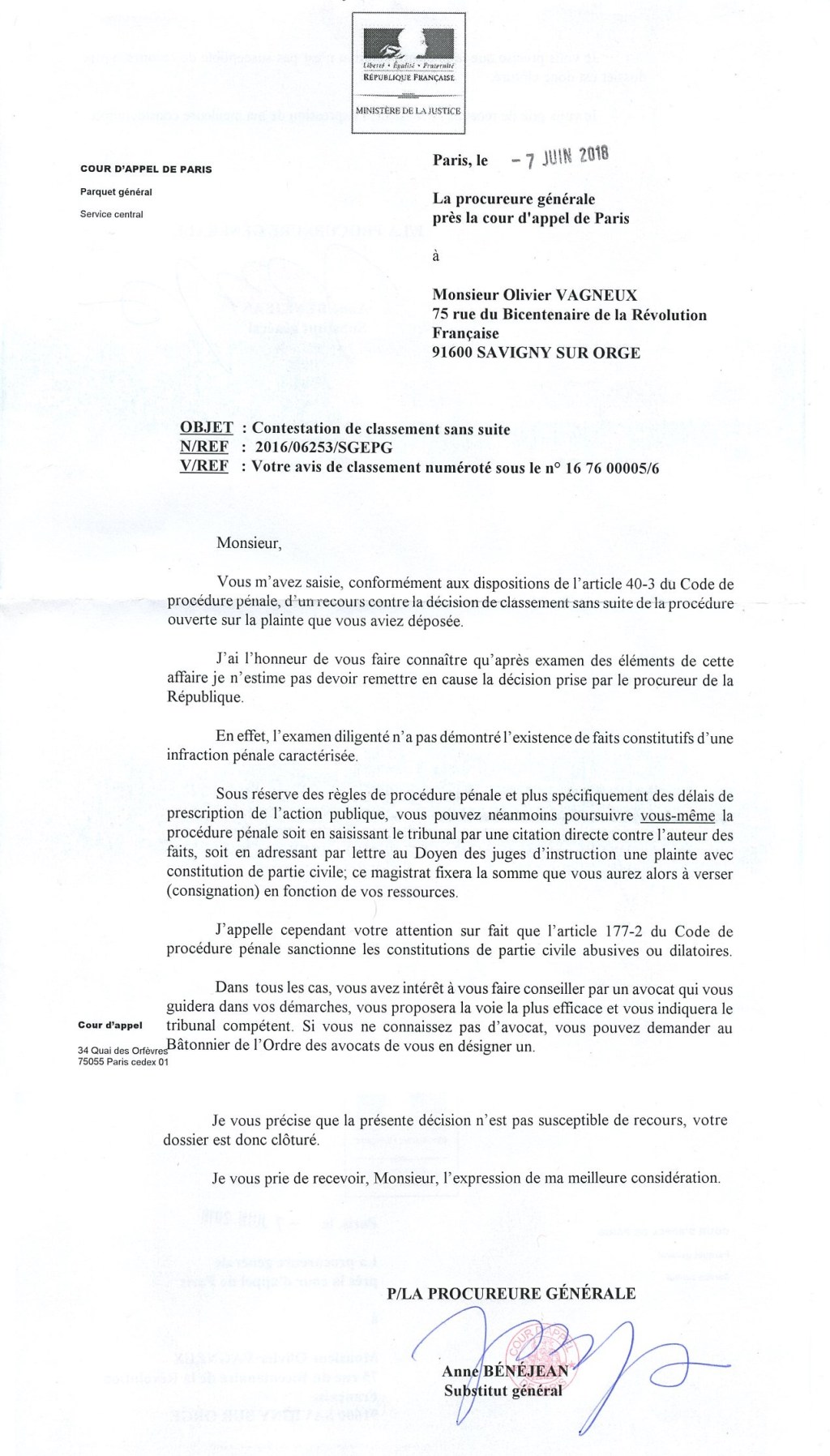 Le Parquet général confirme le classement d&rsquo;une de mes plaintes contre MEHLHORN pour prise illégale d&rsquo;intérêts lors du vote de la protection&nbsp;fonctionnelle